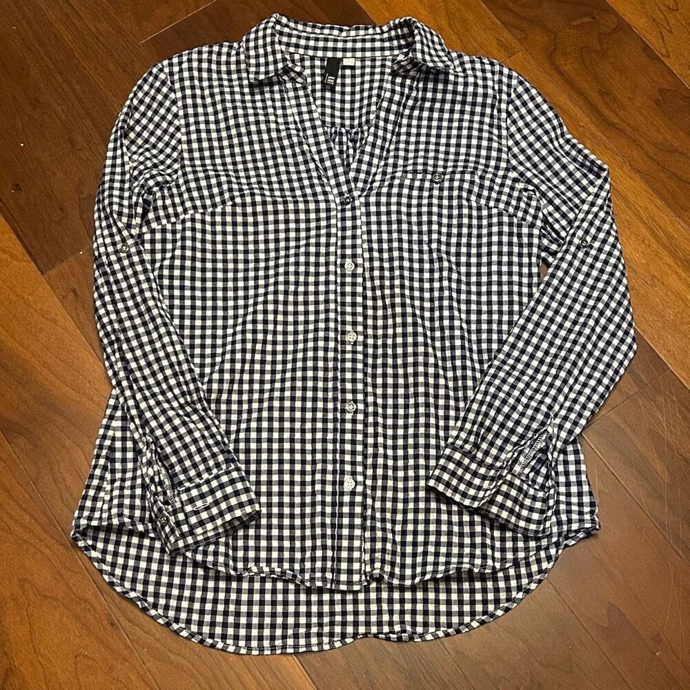 Kut from the Kloth women's button up navy gingham print v-neck long sleeve shirt
